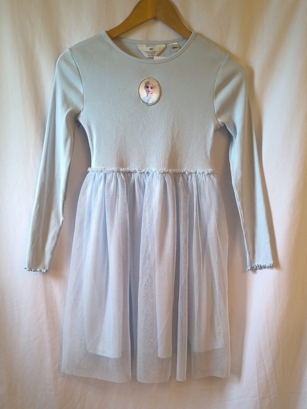 H&M Girls Pale Blue Long-Sleeve Tulle Dress with Character Patch